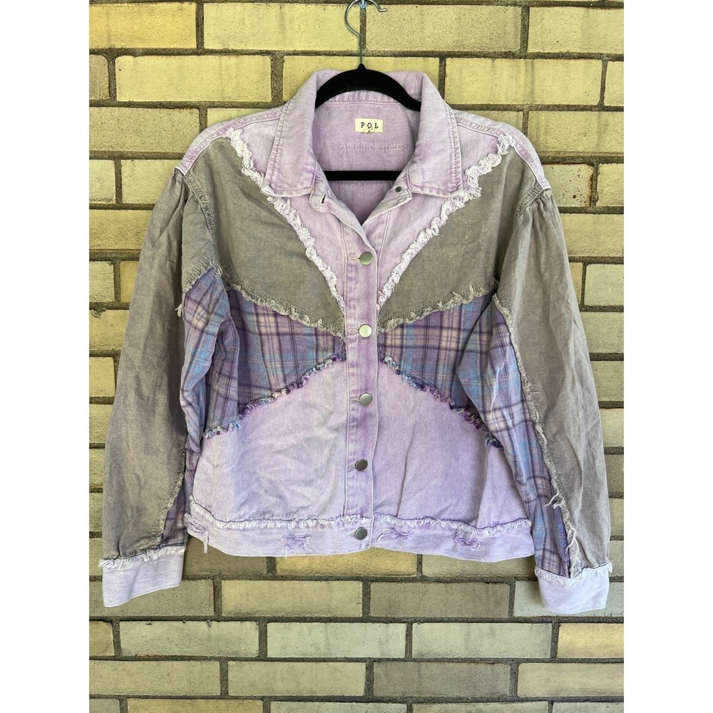 POL Purple Plaid Flannel Patchwork Mixed Media Distressed Jean Jacket Size Small